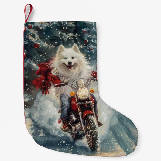Amerikaanse Eskimo Dog Riding Motorfiets Kerstmis Kleine Kerstsok (Voorkant)