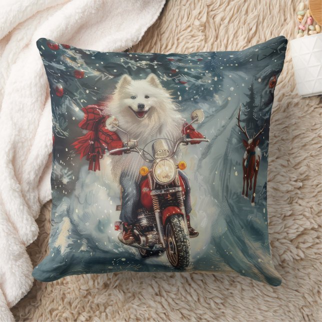 Amerikaanse Eskimo Dog Riding Motorfiets Kerstmis Kussen (Deken)