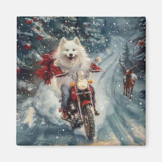 Amerikaanse Eskimo Dog Riding Motorfiets Kerstmis Magneet (Voorkant)