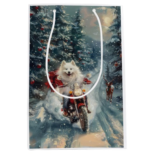 Amerikaanse Eskimo Dog Riding Motorfiets Kerstmis Medium Cadeauzakje (Voorkant)