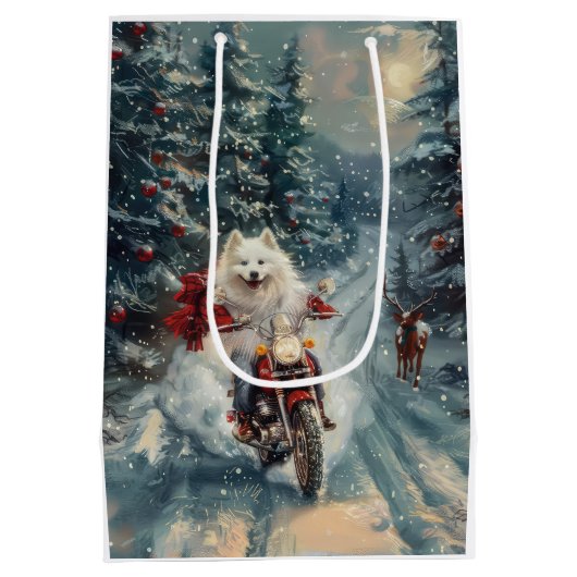 Amerikaanse Eskimo Dog Riding Motorfiets Kerstmis Medium Cadeauzakje (Achterkant)
