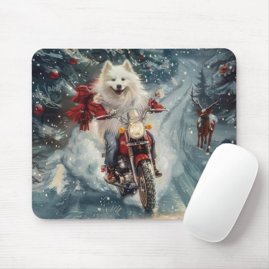 Amerikaanse Eskimo Dog Riding Motorfiets Kerstmis Muismat (Met muis)