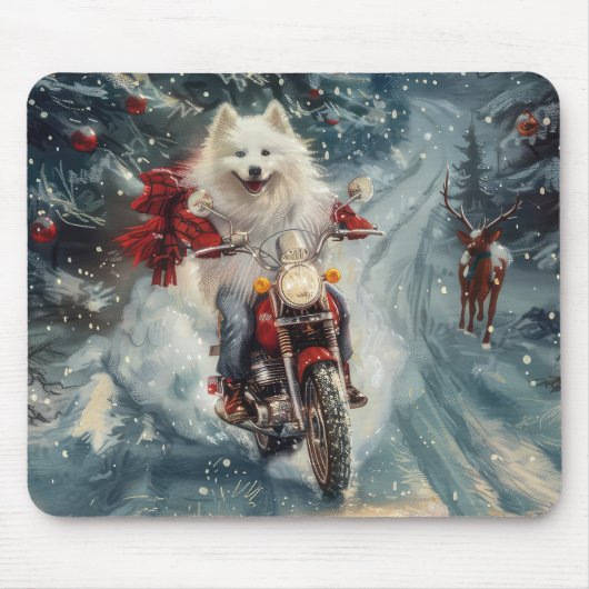Amerikaanse Eskimo Dog Riding Motorfiets Kerstmis Muismat (Voorkant)