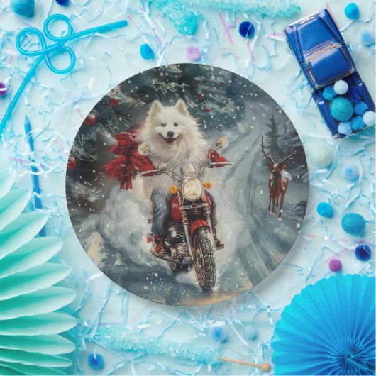 Amerikaanse Eskimo Dog Riding Motorfiets Kerstmis Papieren Bordje (Feest)