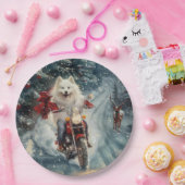 Amerikaanse Eskimo Dog Riding Motorfiets Kerstmis Papieren Bordje (Feest)