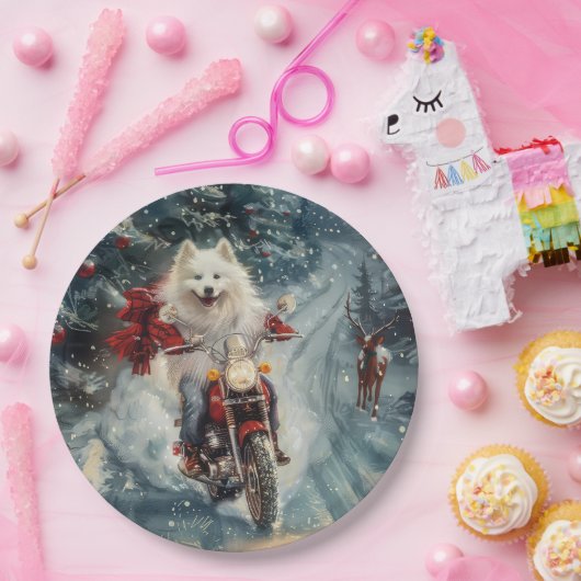 Amerikaanse Eskimo Dog Riding Motorfiets Kerstmis Papieren Bordje (Feest)