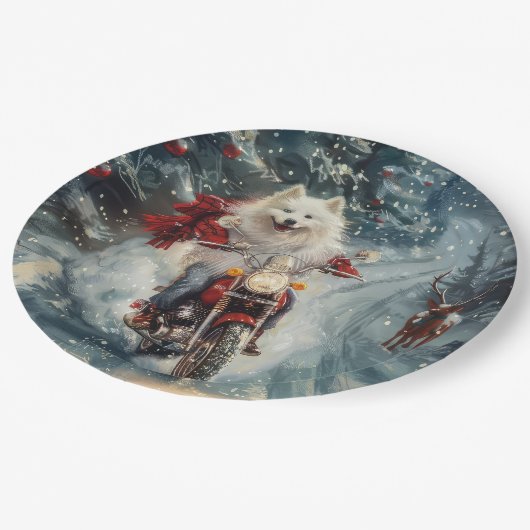 Amerikaanse Eskimo Dog Riding Motorfiets Kerstmis Papieren Bordje (Gekanteld)