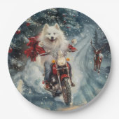 Amerikaanse Eskimo Dog Riding Motorfiets Kerstmis Papieren Bordje (Voorkant)