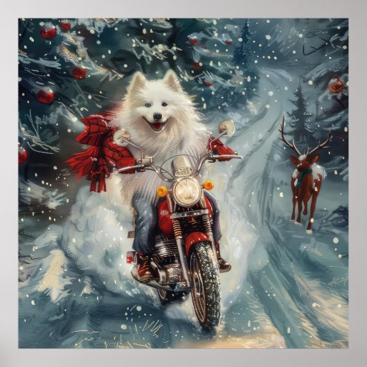 Amerikaanse Eskimo Dog Riding Motorfiets Kerstmis Poster (Voorkant)