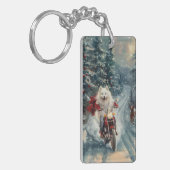 Amerikaanse Eskimo Dog Riding Motorfiets Kerstmis Sleutelhanger (Voorkant Links)