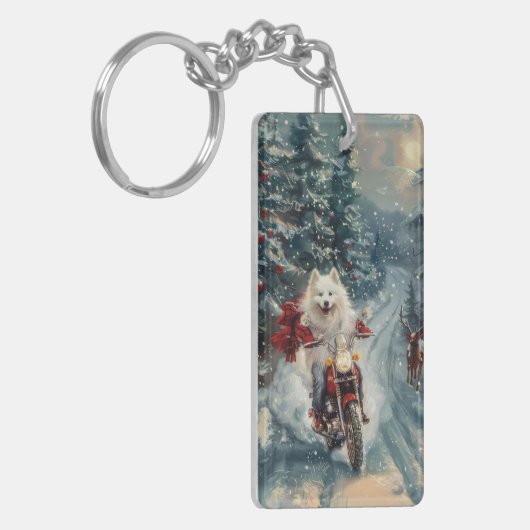 Amerikaanse Eskimo Dog Riding Motorfiets Kerstmis Sleutelhanger (Voorkant Links)
