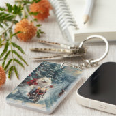 Amerikaanse Eskimo Dog Riding Motorfiets Kerstmis Sleutelhanger (Voorkant Rechts)