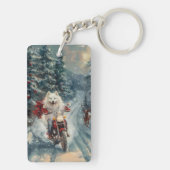 Amerikaanse Eskimo Dog Riding Motorfiets Kerstmis Sleutelhanger (achterkant)