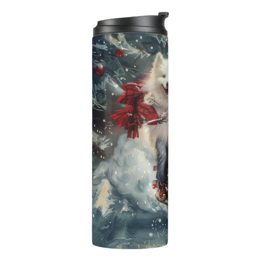 Amerikaanse Eskimo Dog Riding Motorfiets Kerstmis Thermosbeker (Gedraaid links)