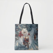Amerikaanse Eskimo Dog Riding Motorfiets Kerstmis Tote Bag (Voorkant)