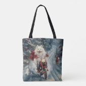 Amerikaanse Eskimo Dog Riding Motorfiets Kerstmis Tote Bag (Achterkant)