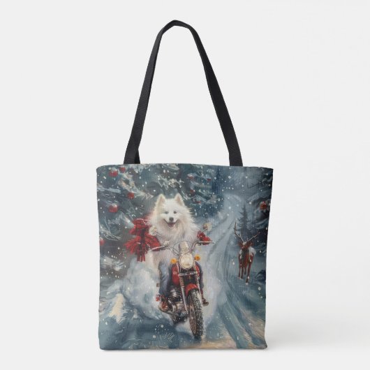 Amerikaanse Eskimo Dog Riding Motorfiets Kerstmis Tote Bag (Achterkant)