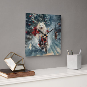 Amerikaanse Eskimo Dog Riding Motorfiets Kerstmis Vierkante Klok