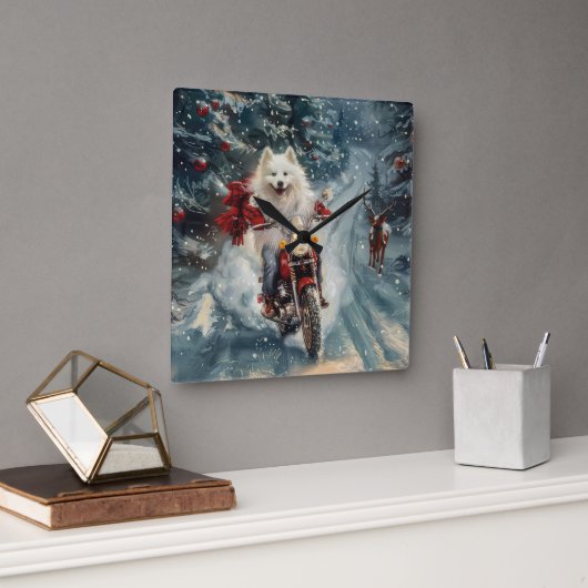 Amerikaanse Eskimo Dog Riding Motorfiets Kerstmis Vierkante Klok (Kantoor)