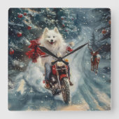 Amerikaanse Eskimo Dog Riding Motorfiets Kerstmis Vierkante Klok (Voorkant)