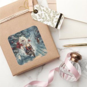 Amerikaanse Eskimo Dog Riding Motorfiets Kerstmis Vierkante Sticker