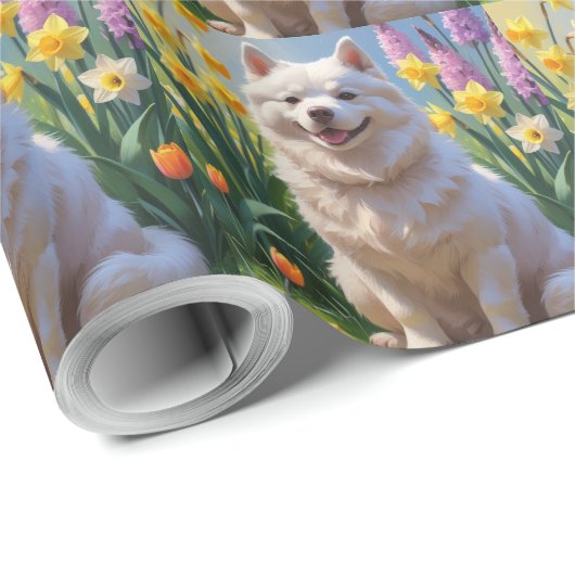 Amerikaanse Eskimo Dog Spring Bloemen Schilderen Cadeaupapier (Rol Hoek)