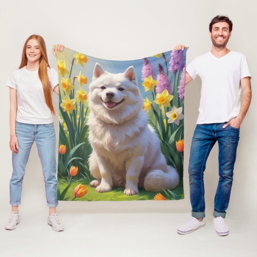 Amerikaanse Eskimo Dog Spring Bloemen Schilderen Fleece Deken (In situ)