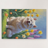 Amerikaanse Eskimo Dog Spring Bloemen Schilderen Legpuzzel (Horizontaal)