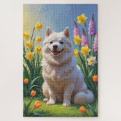 Amerikaanse Eskimo Dog Spring Bloemen Schilderen Legpuzzel (Verticaal)