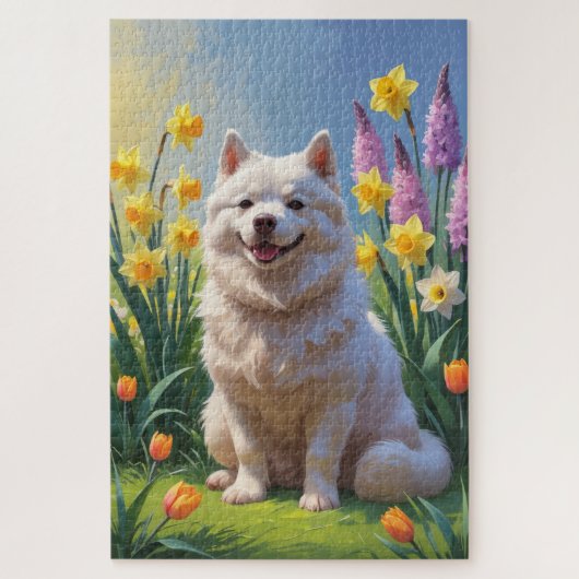 Amerikaanse Eskimo Dog Spring Bloemen Schilderen Legpuzzel (Verticaal)