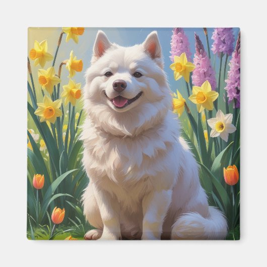 Amerikaanse Eskimo Dog Spring Bloemen Schilderen Magneet (Voorkant)