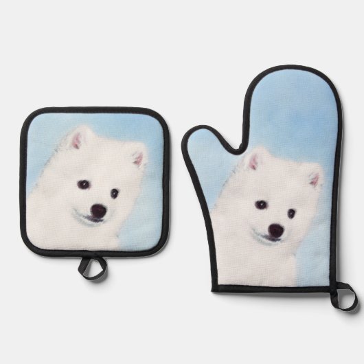 Amerikaanse Eskimo Eskie Puppy Schilderen Schattig Ovenwant & Pannenlap Set (Voorkant)
