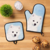 Amerikaanse Eskimo Eskie Puppy Schilderen Schattig Ovenwant & Pannenlap Set (Top down)
