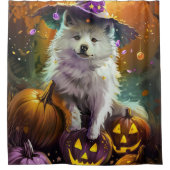 Amerikaanse Eskimo Halloween heks en pompoen Douchegordijn (Voorkant)