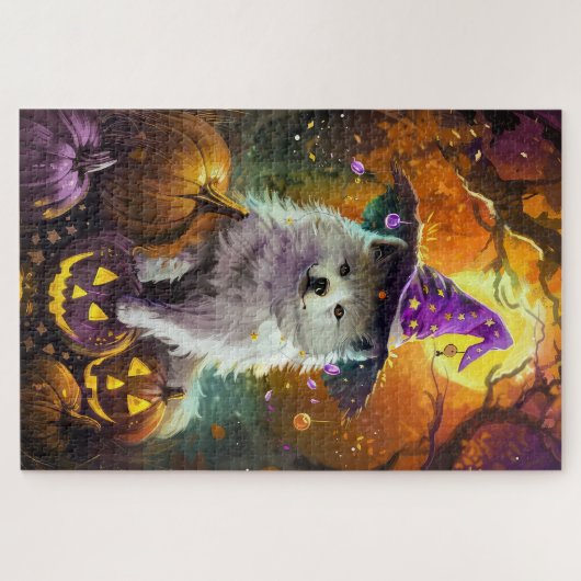 Amerikaanse Eskimo Halloween heks en pompoen Legpuzzel (Horizontaal)