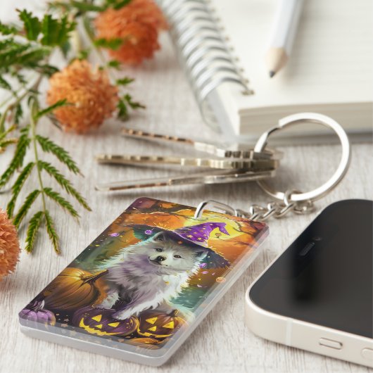 Amerikaanse Eskimo Halloween heks en pompoen Sleutelhanger (Voorkant Rechts)