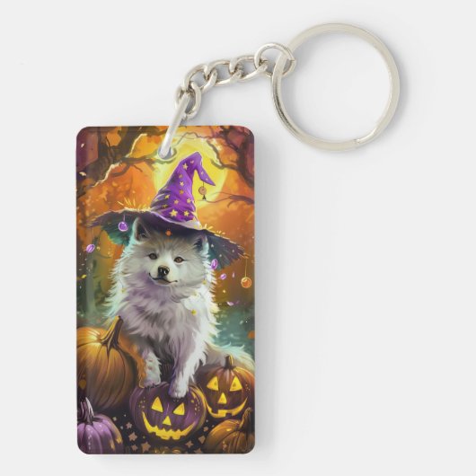 Amerikaanse Eskimo Halloween heks en pompoen Sleutelhanger (achterkant)