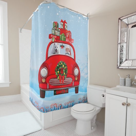 Amerikaanse eskimo-hond in auto met kerstman douchegordijn (In situ)