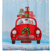 Amerikaanse eskimo-hond in auto met kerstman douchegordijn (Voorkant)