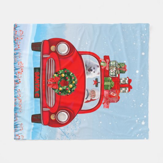 Amerikaanse eskimo-hond in auto met kerstman fleece deken (Voorkant (Horizontaal))