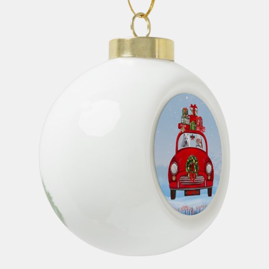 Amerikaanse eskimo-hond in auto met kerstman keramische bal ornament (Links)
