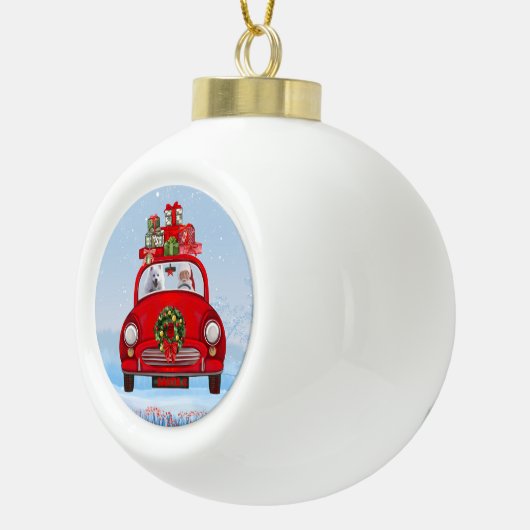 Amerikaanse eskimo-hond in auto met kerstman keramische bal ornament (Rechts)