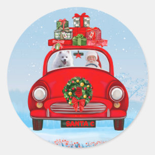 Amerikaanse Eskimo-hond in auto met kerstman Ronde Sticker