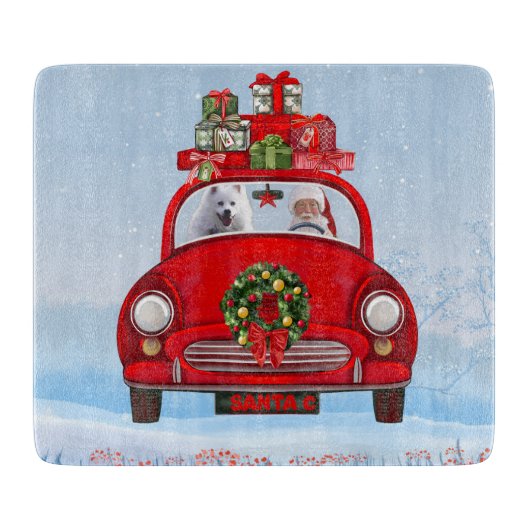 Amerikaanse Eskimo-hond in auto met kerstman Snijplank (Voorkant)