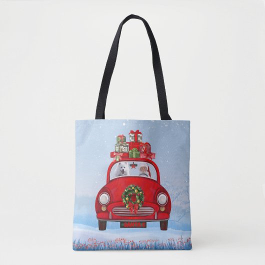 Amerikaanse Eskimo-hond in auto met kerstman Tote Bag (Voorkant)
