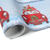 Amerikaanse eskimo-hond in auto's met kerstbedekki cadeaupapier (Rol Hoek)