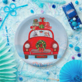 Amerikaanse eskimo-hond in auto's met kerstbedekki papieren bordje (Feest)