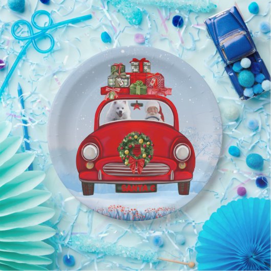 Amerikaanse eskimo-hond in auto's met kerstbedekki papieren bordje (Feest)