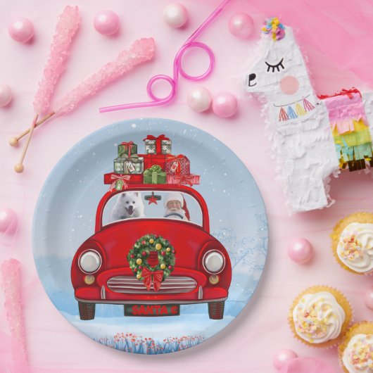 Amerikaanse eskimo-hond in auto's met kerstbedekki papieren bordje (Feest)