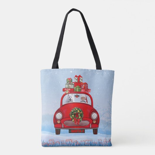 Amerikaanse eskimo-hond in auto's met kerstbedekki tote bag (Achterkant)